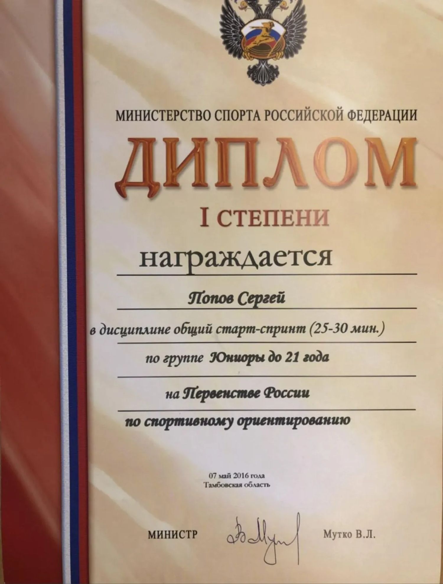 Первенство России по ориентированию: Диплом I степени · юниоры до 21 года · общий старт — спринт, 2016